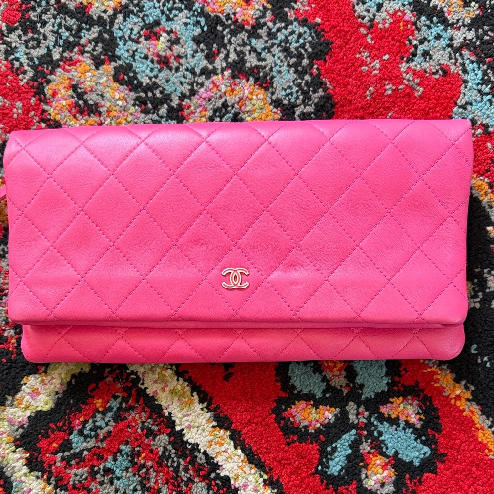 Chanel Pink Lambskin Clutch with Silver Hardware